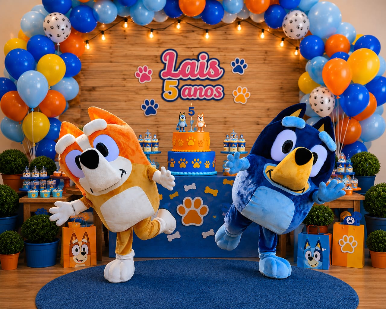 Personagens Bluey e Bingo em festa infantil